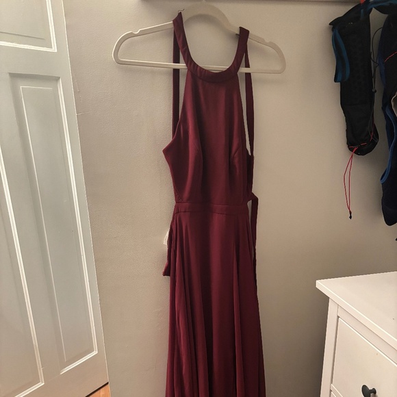 Maroon Burgundy Halter Bridesmaid Dress - Picture 2 of 7